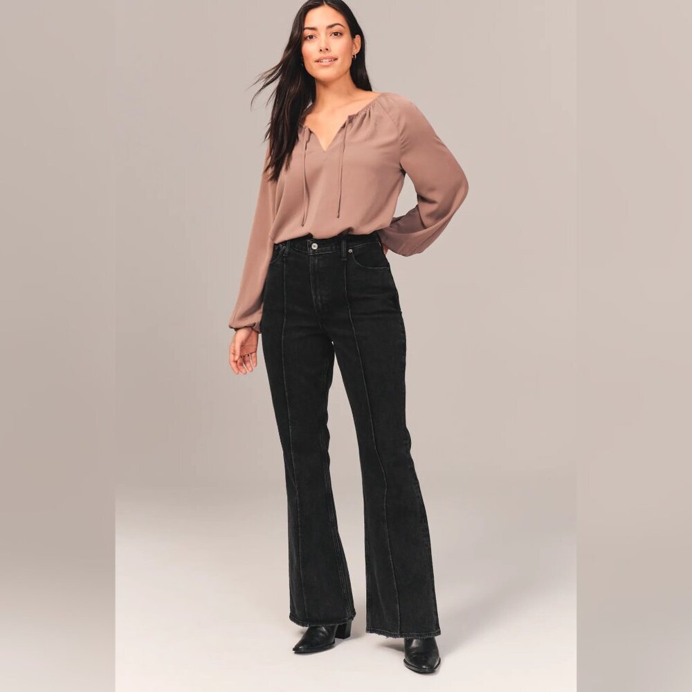 NWT Abercrombie Curve Love High Rise Vintage Flare Jean Black with Pintuck Seams